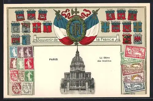 AK Paris, Le Dôme des Invalides mit Briefmarken und Wappen von Angers, Bordeaux, Nantes, Nice, Nimes...