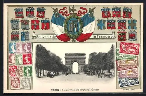 AK Paris, Arc de Triopmphe et Champs-Élysées mit Briefmarken und Wappen von Angers, Brest, Nantes, Nice...