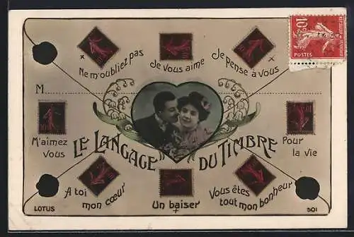 AK Briefmarkensprache-Langage des Timbres: Ne m`oubliez pas, de vous aime, Pour la vie