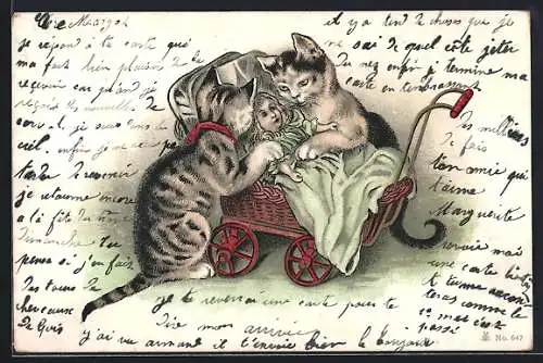 Lithographie Zwei Katzen beugen sich über eine Puppe im Puppenwagen