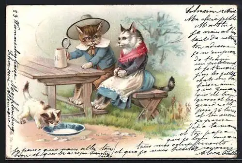 Lithographie Katzenpaar im Biergarten