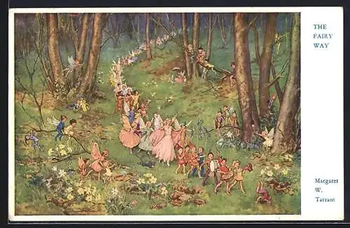 Künstler-AK Margaret W. Tarrant: Elfen Prozession mit Musik durch den Wald, The Fairy Way