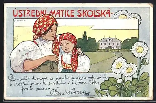 Künstler-AK sign. A. Brazda: Mutter und Tochter in Tracht, Ústrední Matice Skolská, Jugendstil