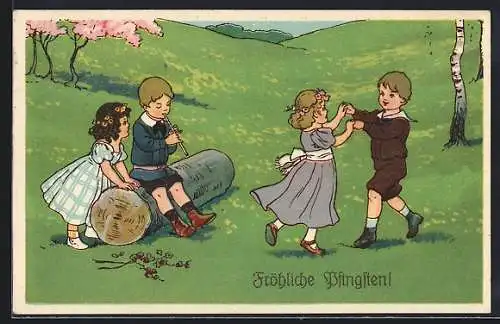 Lithographie Tanzendes kleines Paar und kleiner Flötenspieler im Grünen, Geburtstagsgruss