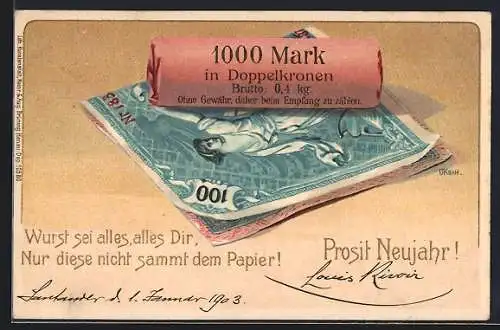 AK Neujahrsgruss mit Geldscheinen und Münzrolle