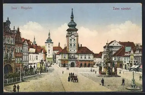 AK Saaz, Ringplatz, Rathaus und Denkmal