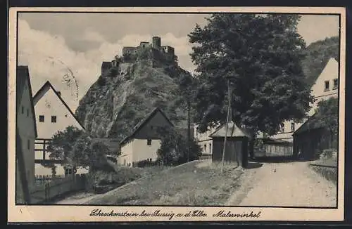 AK Schreckenstein, Ortspartie mit Blick nach Burg Schreckenstein