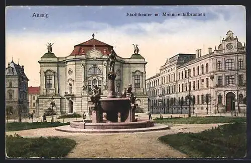 AK Aussig / Usti, Stadttheater mit Monumentalbrunnen