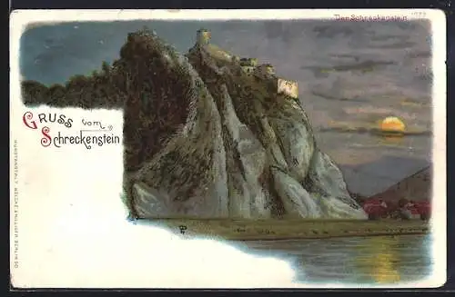 Lithographie Schreckenstein, Uferpartie mit Blick zur Burg bei Nacht