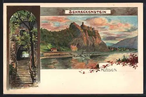 Lithographie Aussig / Usti, Elbdampfer passiert Burg Schreckenstein, Burgthor