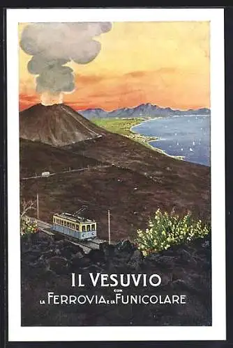 AK Il Vesuvio, La Ferrovia e la Funicolare, Panorama mit Bergbahn