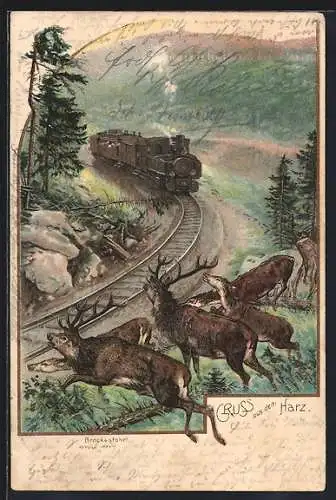 Lithographie Brockenfahrt, Kleinbahn und Hirsche