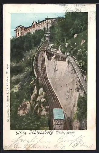 Goldfenster-AK Graz, mit leuchtenden Fenstern, Graz Schlossberg Elektr. Bergbahn