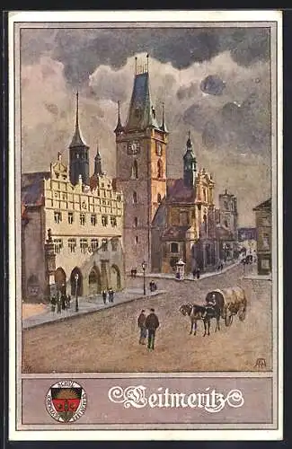 AK Leitmeritz-Litomerice, Strassenpartie mit Kutsche, Banner des deutschen Schulvereins 1880, Deutscher Schulverein