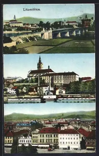 AK Leitmeritz-Litomerice, Panorama mit Brücke, Dampfer, Strasse mit Geschäfte