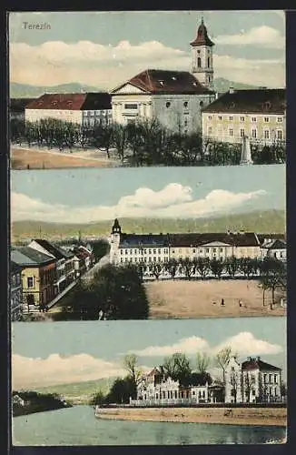 AK Terezin, Kirche, Flusspartie, Ortsansicht