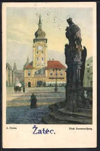 Künstler-AK Saaz, Ringplatz nach Sonnenaufgang