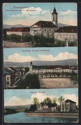 AK Theresienstadt / Terezin, Garnisonskirche mit Hauptwache, Paradeplatz mit Post, an der Eger