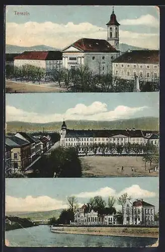 AK Terezin, Flusspartie, Ortsansicht, Kirche