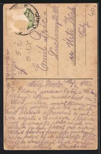 AK Terezin, Flusspartie, Ortsansicht, Kirche