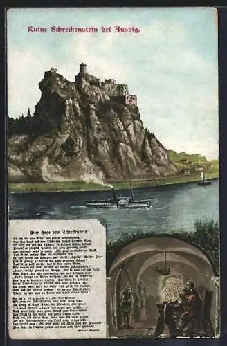 Künstler-AK Aussig / Usti, die Sage vom Schreckenstein, die Burg über der Elbe