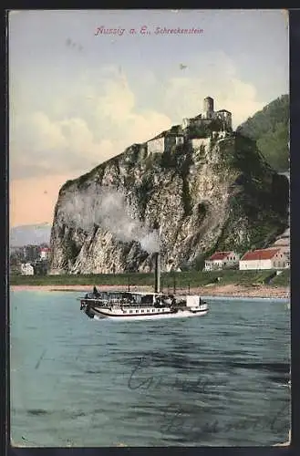 AK Aussig a. E., Flussdampfer mit Burg Schreckenstein