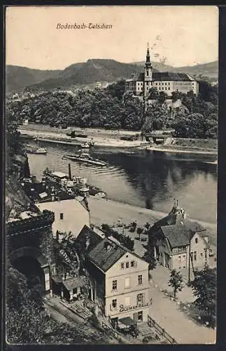 AK Tetschen-Bodenbach / Decin, Elbepartie mit Blick auf Schloss