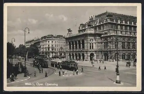 AK Wien, Strassenbahnen vor der Oper auf dem Opernring