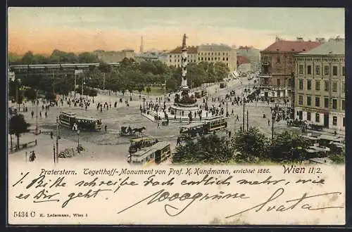 AK Wien, Strassenbahnen umfahren das Tefetthoff-Monument