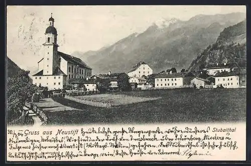 AK Neustift im Stubaital, Ortspartie mit Kirche