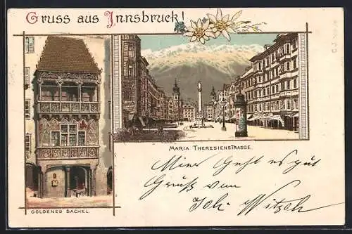 Lithographie Innsbruck, Maria Theresienstrasse, Goldenes Dachel