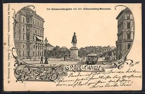 Lithographie Wien, Schwarzenbergplatz mit Pferdebahn Linie 84 und Schwarzenberg-Monument