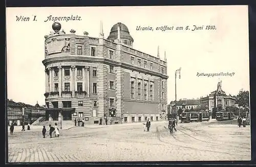 AK Wien, Aspernplatz mit Urania und Strassenbahn vor der Rettungsgesellschaft