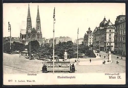 AK Wien, Maximilianplatz mit Votivkirche, Strassenbahn und Währingerstrasse