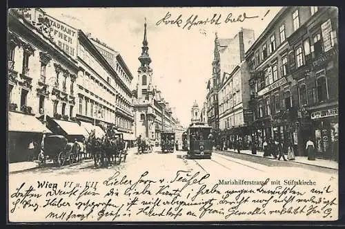 AK Wien, Strassenbahn auf der Mariahilferstrasse, mit Stiftskirche