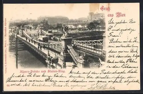 AK Wien, Aspern-Brücke und Stuben-Ring, Blick über die Brücke mit Pferdebahnen