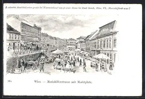 Künstler-AK Wien, Mariahilferstrasse mit Marktplatz