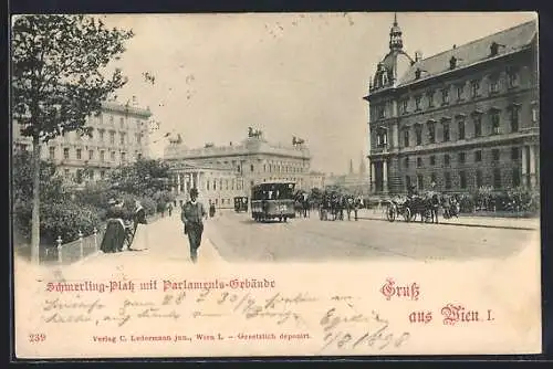 AK Wien, Schmerling-Platz mit Parlaments-Gebäude und Strassenbahn