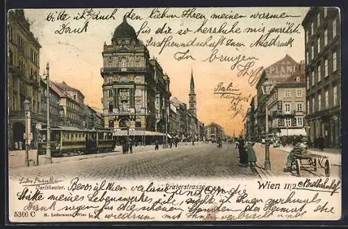 AK Wien, Praterstrasse mit Carltheater und Strassenbahn