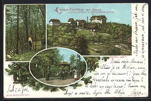 AK Lassnitzhöhe bei Graz, Heilanstalt, Ortspartie mit Pavillon, Häuschen im Wald, Ortsansicht, Tannenzweige