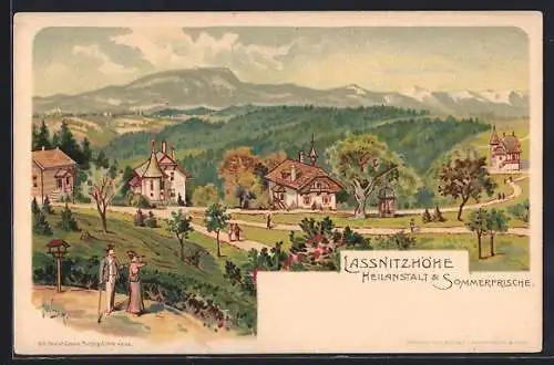Lithographie Lassnitzhöhe, Heilanstalt, Ortsansicht mit Strasse, Anlagen und Gebirgspanorama