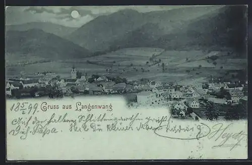 Mondschein-AK Langenwang, Totalansicht mit Bergpanorama aus der Vogelschau