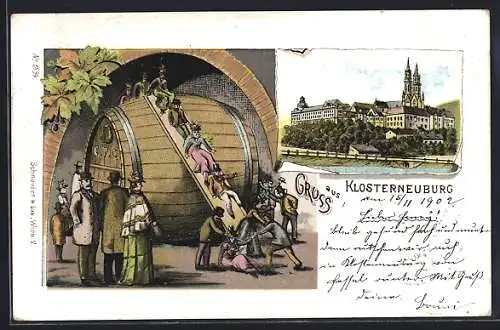 Lithographie Klosterneuburg, Fasslrutschen, Ortsansicht vom Wasser aus