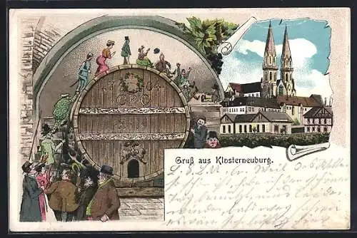 Lithographie Klosterneuburg, Fasslrutschen, Teilansicht mit Kirche