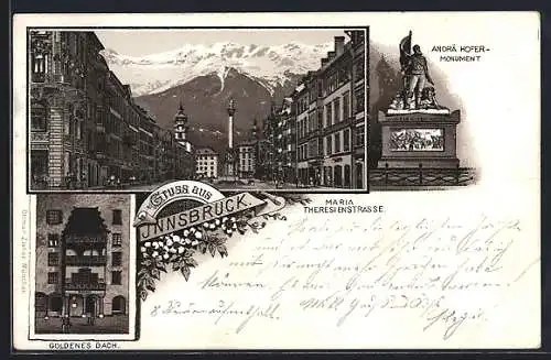 Lithographie Innsbruck, Goldenes Dach, Andrä Hofer-Monument, Maria Theresienstrasse mit Säulendenkmal