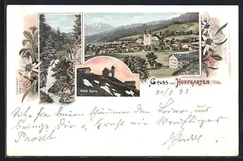 Lithographie Hopfgarten i. Tirol, Hohe Salve, Wasserfall und Totalansicht