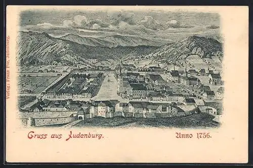 Lithographie Judenburg, Ortsansicht mit Bergpanorama im Jahre 1756