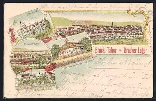 Lithographie Brucki-Tabor, Brucker Lager mit Militär-Conserven-Fabrik u. Hauptwache, Gesamtansicht