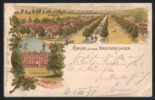 Lithographie Brucker Lager, Schloss Prugg, Ortsansicht