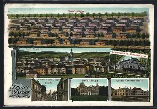 Lithographie Bruck a. d. Leitha, Kaiser Franz Josef-Strasse, Militär-Konswervenfabrik, Barackenlager, Ortsansicht